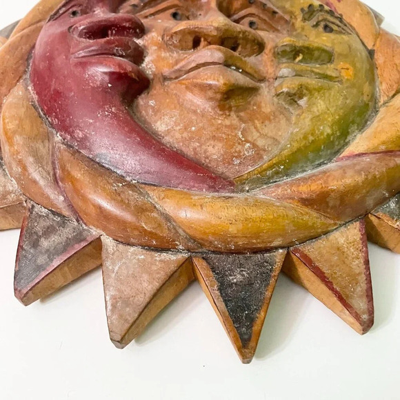Vintage Wooden Carved Sun Moon Unity Wall Plaque 16 Inch Art - Picture 3 of 12